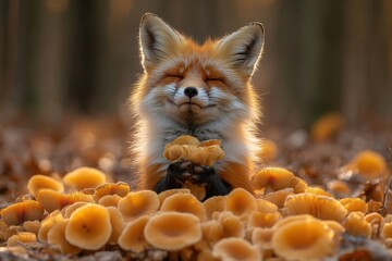 Obraz premium A majestic fox rests amongst a vibrant collection of mushrooms, bathed in the warm glow of autumn lighting. The scene evokes a sense of tranquility and the beauty of nature.
