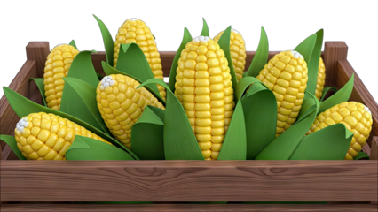 Wooden Crate Overflowing With Ripe Yellow Corn On The Cob And Green Leaves With A Transparent Background