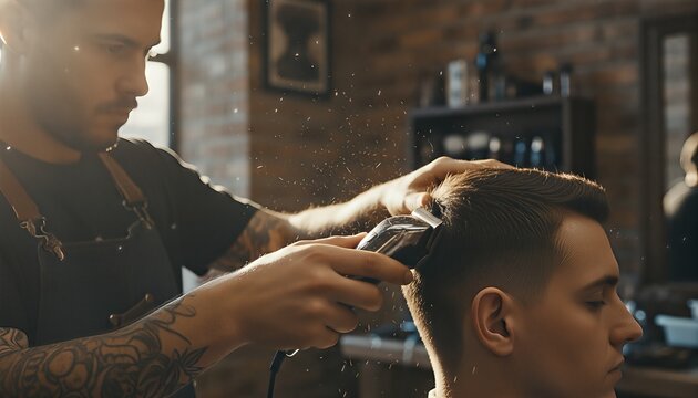 Professional tattooed barber carefully cutting a young man's hair with an electric clipper, creating a stylish fade haircut in a salon with warm atmospheric backlighting