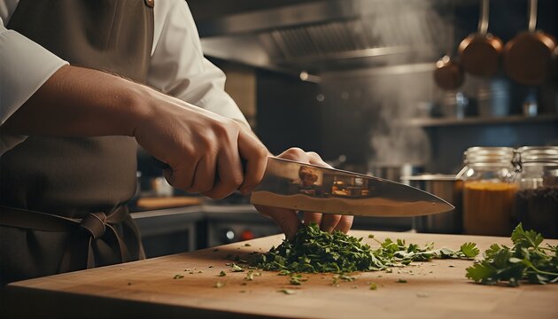 Chef's hands with a large sharp knife chopping fresh green herbs on a wooden cutting board in a professional restaurant kitchen with warm, atmospheric lighting - Powered by Adobe