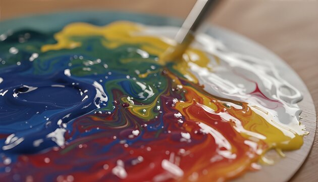 Colorful wet oil and acrylic paints mixing on a wooden artist palette with a brush, creating a vibrant abstract swirl of glossy primary colors in a creative process - Powered by Adobe