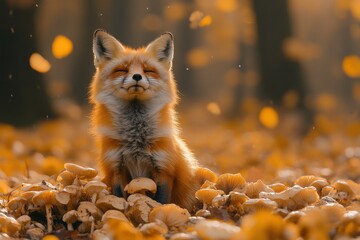 Obraz premium A serene red fox rests in a field of colorful mushrooms, eyes closed in a moment of peaceful contemplation. Soft focus, natural light, wildlife photography.