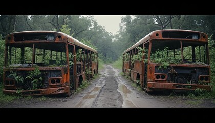 Two old rusty abandoned buses with broken windows are overgrown with green plants, left to decay on a muddy dirt road in a dark, mysterious and atmospheric forest