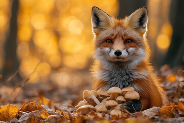 Obraz premium A captivating portrait of a red fox, positioned amidst a vibrant autumn foliage setting. The fox's gaze is directly at the viewer, creating an intimate and engaging connection.