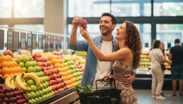 Happy young couple laughing together while choosing fresh red grapes in a modern supermarket produce section with a shopping basket full of healthy food - Powered by Adobe
