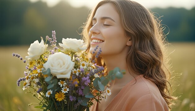 Happy young woman with closed eyes smiles while smelling a beautiful bouquet of fresh wildflowers in a sunlit meadow during a warm golden hour - Powered by Adobe