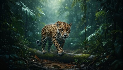 Powerful spotted jaguar with intense eyes walks on a mossy log during a downpour in a lush, atmospheric and moody green tropical rainforest