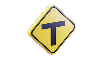 Yellow Diamond Shaped T Junction Road Sign With Black Border And Shadow Against Transparent Background Warning Of Intersection Ahead Traffic Safety Symbol