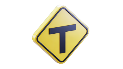Yellow Diamond Shaped T Junction Road Sign With Black Border And Shadow Against Transparent Background Warning Of Intersection Ahead Traffic Safety Symbol