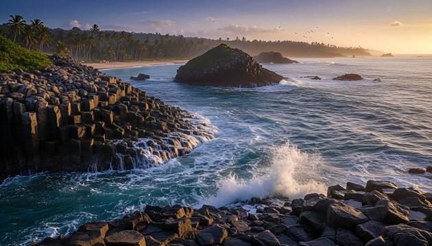 Dramatic volcanic coastline with geometric basalt columns and powerful ocean waves crashing against the shore during a beautiful sunrise over a tropical palm tree beach - Powered by Adobe