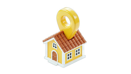 Yellow House with Orange Roof Topped by a Golden Location Pin Symbol on a Transparent Background