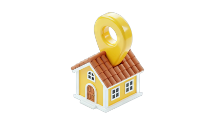 Yellow House with Orange Roof Topped by a Golden Location Pin Symbol on a Transparent Background