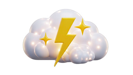 Yellow Lightning Bolt Symbol Emerging from a Fluffy White Cloud with Glowing Stars Against a Transparent Background