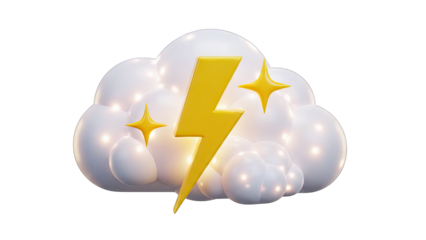 Yellow Lightning Bolt Symbol Emerging from a Fluffy White Cloud with Glowing Stars Against a Transparent Background