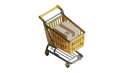 Yellow Metal Shopping Cart Filled With Cardboard Box Isolated On Black Background Studio Shot High Angle View