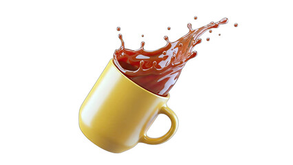 Yellow Mug With Chocolate Splash Frozen In Mid Air Against Black Background Dynamic Motion Abstract Beverage Pouring