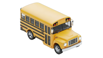 Yellow School Bus Isolated on Transparent Background with Detailed Exterior Chrome Trim and Reflective Windows