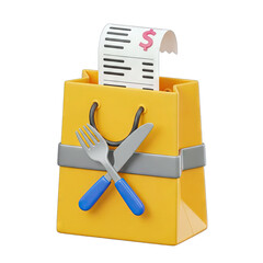 Yellow Shopping Bag with Receipt and Crossed Fork and Knife Symbolizing Food Delivery or Takeout Service on Transparent Background 3D Render