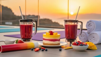 Healthy breakfast with berry smoothies, layered cheesecake, and fresh fruit at sunrise yoga retreat