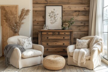 Beige and wooden living room with armchairs, a dresser, and a poster, creating a balanced and cozy environment with a neutral aesthetic, Generative AI