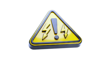 Yellow Triangle Warning Sign with Black Border Depicting Electrical Hazard Symbol with Lightning Bolts and Exclamation Mark on Transparent Background