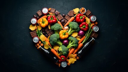 Heart shape arrangement of fresh colorful vegetables and fruits on dark background