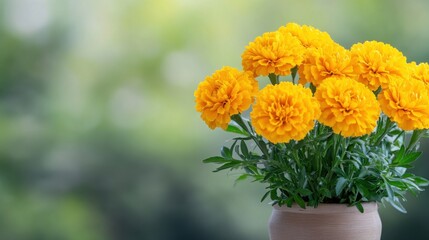Fototapeta premium Bright Yellow Marigold Flowers in Decorative Pot with Soft Green Background
