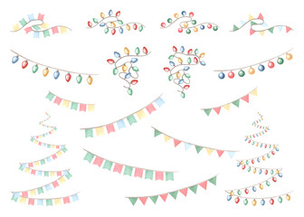 Set garlands of Christmas lights and flags pennants on string. Hand drawn watercolor illustration isolated. Festive multi-colored light bulbs hanging. Winter holiday clipart for card, print, wrapping.