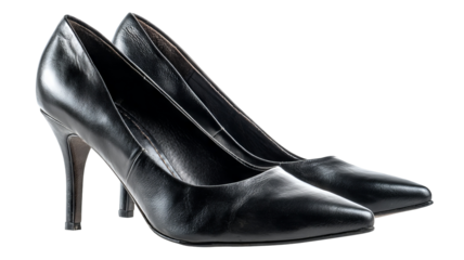 Elegant black high heel shoes isolated on transparent background high resolution PNG cutout classic womens fashion footwear for ecommerce product mockup and branding design