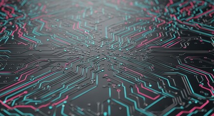 Futuristic circuit board with glowing pink and cyan lines