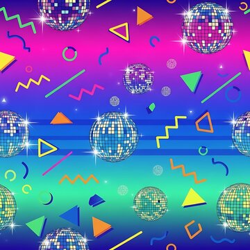 Dynamic Retro 80s 90s Disco Night Seamless Pattern with Geometric Shapes and Sparkling Mirror Balls on a Colorful Gradient Background for Festive Celebrations