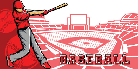 Baseball Template With Athlete Player and Playing Field Court Background Vector  Poster and Banner