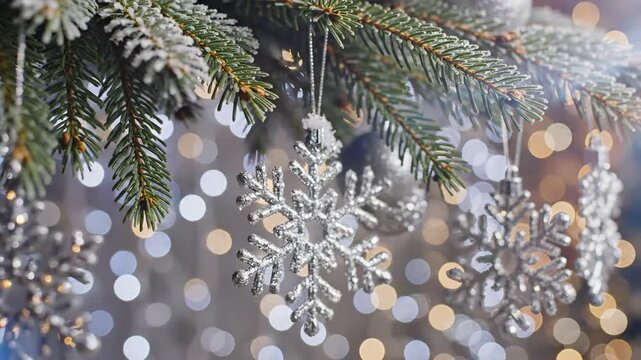 Decorated evergreen branches with festive snowflake ornaments and bokeh lights