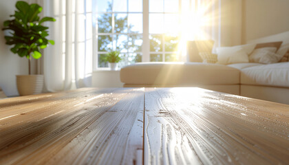 empty coffee table in bright room with strong diagonal sunbeam cutting across