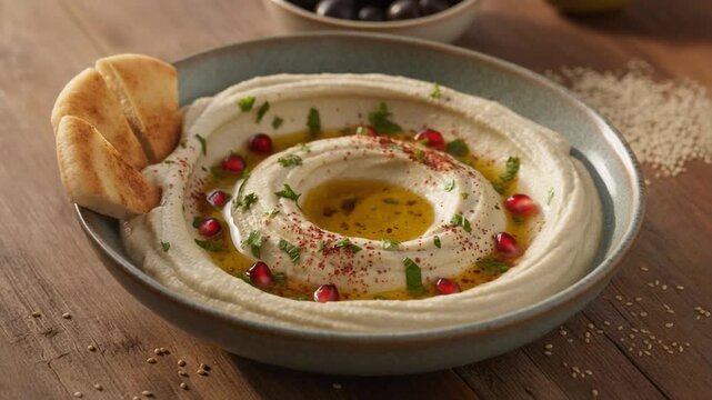  Creamy hummus topped with olive oil, herbs, and pomegranate seeds, served with warm pita bread in a rustic Mediterranean setting.