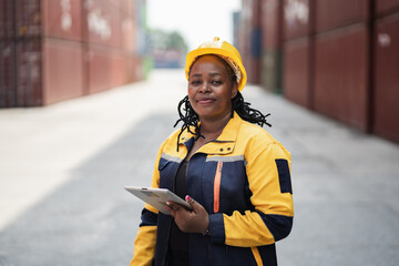 Portrait African woman logistics workers use notebook computer and walkie talkie checking container	
