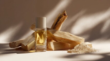 Glass perfume bottle with golden liquid beside Palo Santo wood pieces and powder