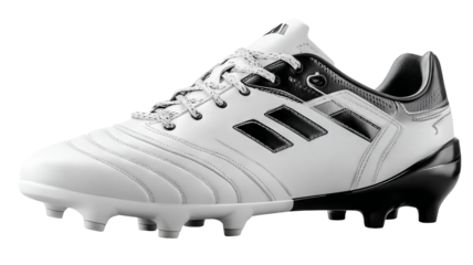 Classic white soccer cleats with black accents high resolution PNG style transparent background isolated sports footwear for ecommerce product mockups athletic fashion and branding