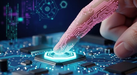 Finger touching glowing circuit board with data