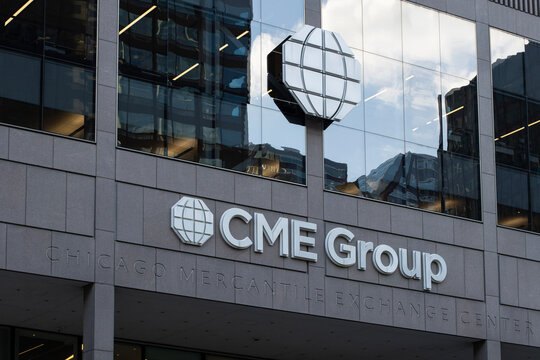 Chicago, IL, USA - Aug 28, 2025: Exterior view of the CME Group's headquarters in Chicago, Illinois. CME Group is the world's largest operator of financial derivatives exchanges.