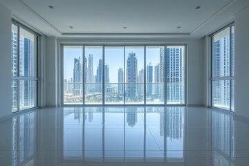 White empty hall in a modern apartment with a panoramic window overlooking skyscrapers, ideal for showcasing urban living spaces, Generative AI