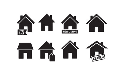 Fototapeta premium Set of minimalist black house icons illustrating various real estate statuses including for sale new listing and leased suitable for property market applications