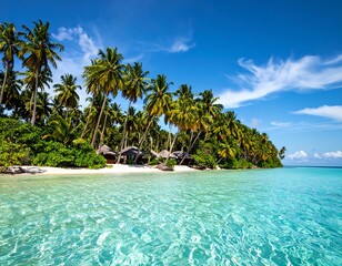 Tropical island paradise with palm trees, beach, and turquoise ocean