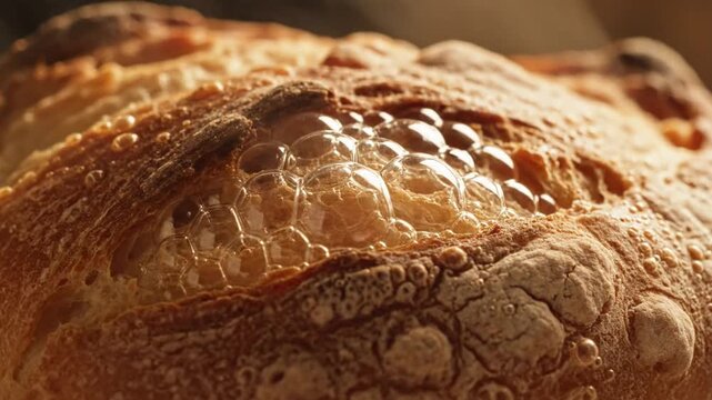 Close up shot of freshly baked artisan bread with a golden brown crust dusted with flour and visible steam rising from the porous crumb