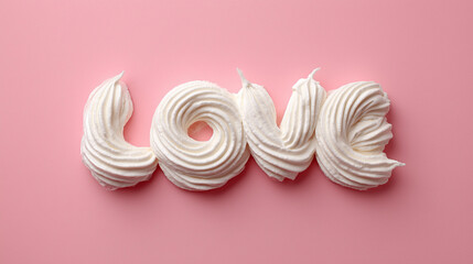 Delicious whipped cream shaped into the word 'love' on a pastel pink background, perfect for Valentine's Day celebrations.