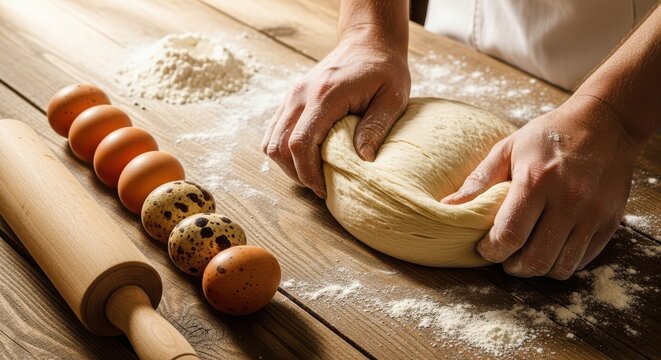 Baker Kneading Fresh Dough with Eggs and Rolling Pin - Powered by Adobe