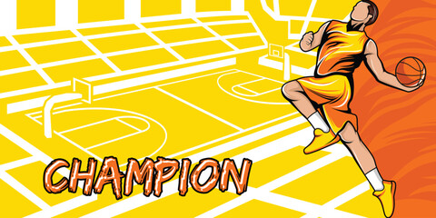 Basketball Template With Athlete Player and Playing Field Court Background Vector  Poster and Banner