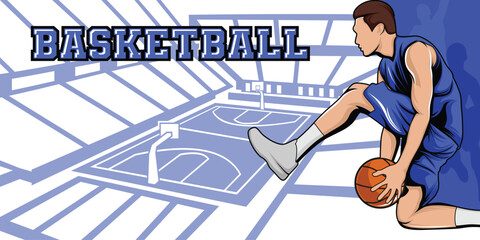 Basketball Template With Athlete Player and Playing Field Court Background Vector  Poster and Banner