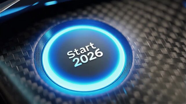 Close-up of a futuristic start button displaying 'Start 2026'.
