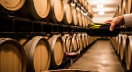 A hand pours red wine from a bottle into a glass. Wooden barrels line the background, creating a warm, rustic atmosphere in a wine cellar.